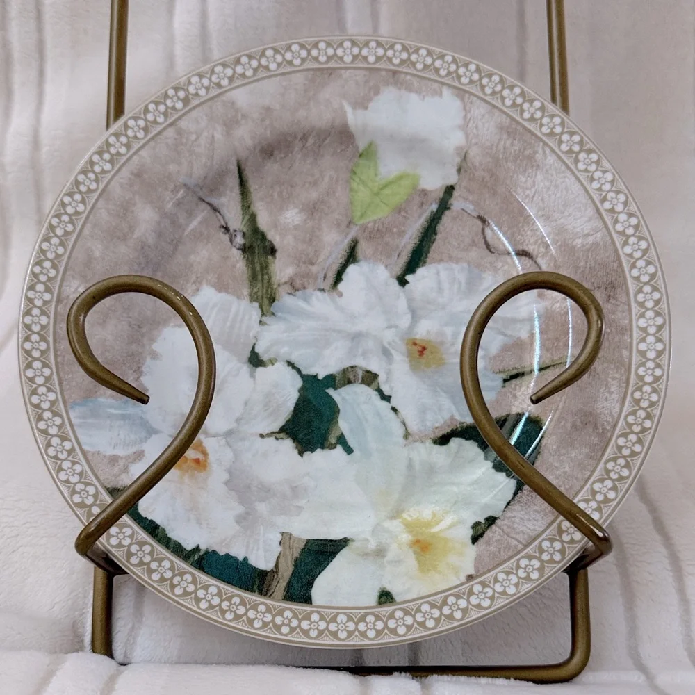 American Atelier Orchids 3 Porcelain Plates Set with wall mounted display stand